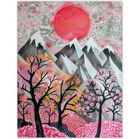 Artery8 Mountain Snow Peaks Pink Blossom Tree Japanese Wall Art Print | Size: W24" x H32"