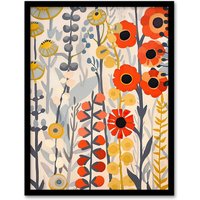 Artery8 Red Yellow Wildflowers Painting Rustic Floral Framed Art Print | Size: A4