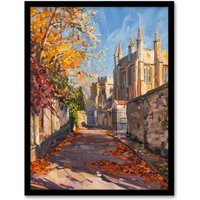 Artery8 Autumnal Day Bishop Auckland Castle Oil Painting Framed Art Print in Beige | Size: A4
