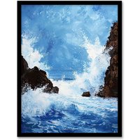 Artery8 Waves Crashing Rocks Sea Spray Oil Painting Framed Art Print in Blue | Size: A4