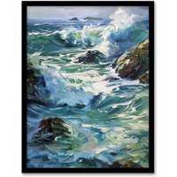 Artery8 Sea Spray Waves Crashing on Rocks Oil Painting Framed Art Print in Blue | Size: A4