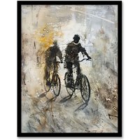 Artery8 Two Cyclists Bikes Dark Bubble Painting Artwork Framed Art Print in Grey | Size: A4