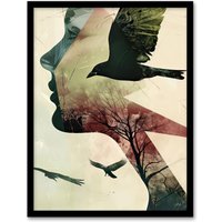 Artery8 Abstract Woman Profile Portrait Crows Trees Dark Framed Art Print in Beige | Size: A4