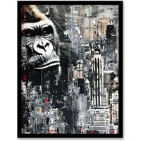 Artery8 King Kong Gorilla New York Skyline Oil Painting Framed Art Print in Grey | Size: A4