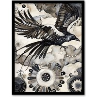 Artery8 Flying Black Raven Painting Magic Mandala Dark Framed Art Print | Size: A4