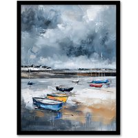 Artery8 Fishing Boats Yorkshire Coast Beach East Riding Framed Art Print in Grey | Size: A4