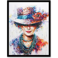 Artery8 Fashionable Lady in Hat Thick Paint Portrait Framed Art Print | Size: A4