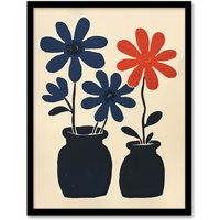 Artery8 Simple Blue Red Daisy Flowers in Pots Folk Art Framed Art Print in Beige | Size: A4