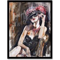Artery8 Dark Modern Flapper Venetian Mask Portrait Framed Art Print in Grey | Size: A4