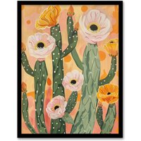 Artery8 Pastel Pink Cactus Flower Blossom Painting Soft Framed Art Print in Orange | Size: A4