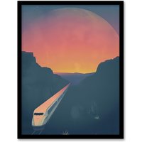 Artery8 Retro Futurism Sci Fi Planet Train Travel Design Framed Art Print in Blue | Size: A4