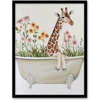 Artery8 Cute Boho Giraffe in Bathtub Filled with Flowers Framed Art Print in Beige | Size: A4