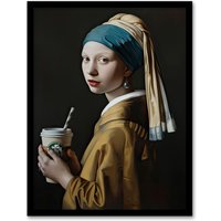 Artery8 Girl With Pearl Earring Coffee Remake Painting Framed Art Print in Black | Size: A4