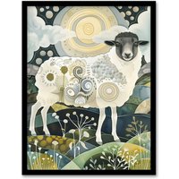 Artery8 Stylised Sheep with Patterns Full Moon Folk Art Framed Art Print in Navy | Size: A4