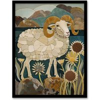 Artery8 Rocky Mountain Bighorn Sheep Mosaic Floral Framed Art Print in Brown | Size: A4