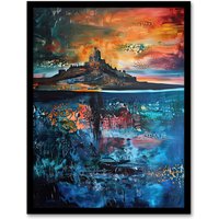 Artery8 Lindisfarne Castle Holy Island Sunset Abstract Framed Art Print in Blue | Size: A4