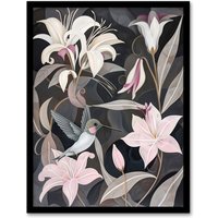 Artery8 Lily Flowers & Hummingbird Stylised Painting Framed Art Print in Grey | Size: A4