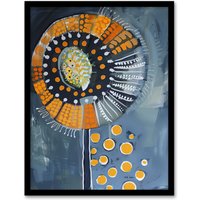 Artery8 Abstract Dandelion Orange Blue Floral Folk Art Framed Art Print | Size: A4
