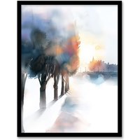 Artery8 Misty Morning Sunrise Edinburgh North Bridge Framed Art Print in White | Size: A4