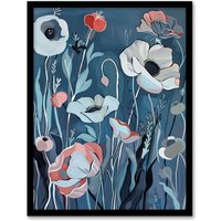 Artery8 Elegant Spring Wildflowers Blue Pink Painting Framed Art Print | Size: A4
