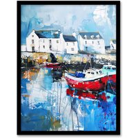 Artery8 Boats Harbour Coastal Townscape Oil Painting Framed Art Print in Blue | Size: A4