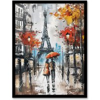 Artery8 Umbrella Lovers Abstract Autumn Paris Cityscape Framed Art Print in Grey | Size: A4