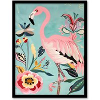 Artery8 Flamingo Bird & Exotic Flowers Bright Painting Framed Art Print in Pink | Size: A4