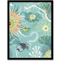 Artery8 Abstract Under the Sea Drawing Sealife Ocean Framed Art Print in Blue | Size: W12" x H16"