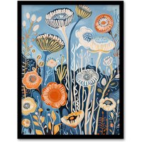 Artery8 Blue Wildflower Sea Garden Painting Modern Floral Framed Art Print | Size: W12" x H16"