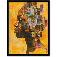 Artery8 Abstract African Woman Portrait Futuristic Ochre Framed Art Print in Mustard | Size: W12" x H16"