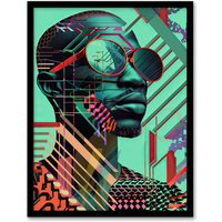 Artery8 Futuristic African Man Shades Portrait Teal Bold Framed Art Print in Green | Size: W12" x H16"
