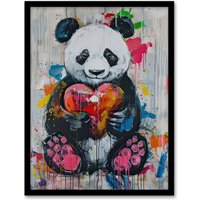 Artery8 Cute Panda with Loveheart Street Art Graffiti Pop Framed Art Print in Grey | Size: W12" x H16"