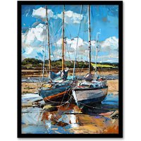 Artery8 Two Sailboats on Alnmouth Beach Painting Coastal Framed Art Print in Blue | Size: W12" x H16"