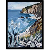Artery8 Cornish Coast Painting Cornwall Wildflowers Framed Art Print in Blue | Size: W12" x H16"