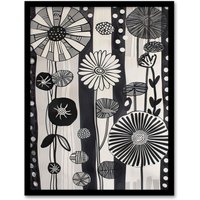 Artery8 Abstract Black White Wildflowers Stripes Artwork Framed Art Print in Grey | Size: W12" x H16"