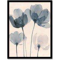 Artery8 Soft Black White Light Watercolour Poppy Flowers Framed Art Print in Blue | Size: W12" x H16"