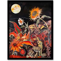Artery8 Trippy Sunflowers at Sunset Design Psychedelic Framed Art Print in Orange | Size: W12" x H16"