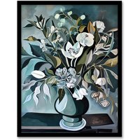 Artery8 White Flower Bouquet Vase Still Life Painting Framed Art Print in Blue | Size: W12" x H16"
