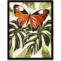 Artery8 Orange Monarch Butterfly on Monstera Plant Design Framed Art Print in Green | Size: W12" x H16"
