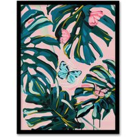 Artery8 Pastel Butterflies Monstera Plant Painting Pink Framed Art Print | Size: W12" x H16"