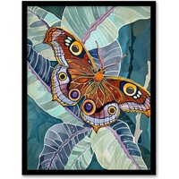 Artery8 Butterfly on Palm Leaf Painting Tropical Exotic Framed Art Print in Blue | Size: W12" x H16"