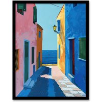 Artery8 Colourful Mediterranean Spanish Coastal Painting Framed Art Print | Size: W12" x H16"