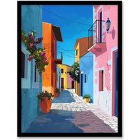 Artery8 Colourful Houses Italian Village Street Painting Framed Art Print | Size: W12" x H16"