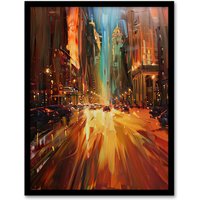Artery8 New York City Night Cityscape Abstract Painting Framed Art Print in Brown | Size: W12" x H16"