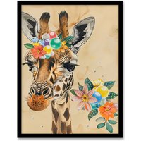 Artery8 Floral Beads Cute Giraffe Headband Collage Framed Art Print in Beige | Size: W12" x H16"