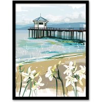 Artery8 Scottish Beach Pier Lily Wildflowers Painting Framed Art Print in Blue | Size: W12" x H16"