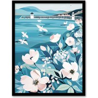 Artery8 Coastal Scottish Pier Seagulls Floral Painting Framed Art Print in Blue | Size: W12" x H16"