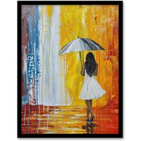 Artery8 Woman with Umbrella in Rainbow Rain Modern Art Framed Art Print | Size: W12" x H16"