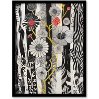 Artery8 Black & White Stripes Abstract Wildflower Garden Framed Art Print | Size: W12" x H16"