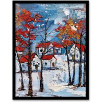 Artery8 Norway Winter Forest Traditional Red Roof Houses Framed Art Print | Size: W12" x H16"